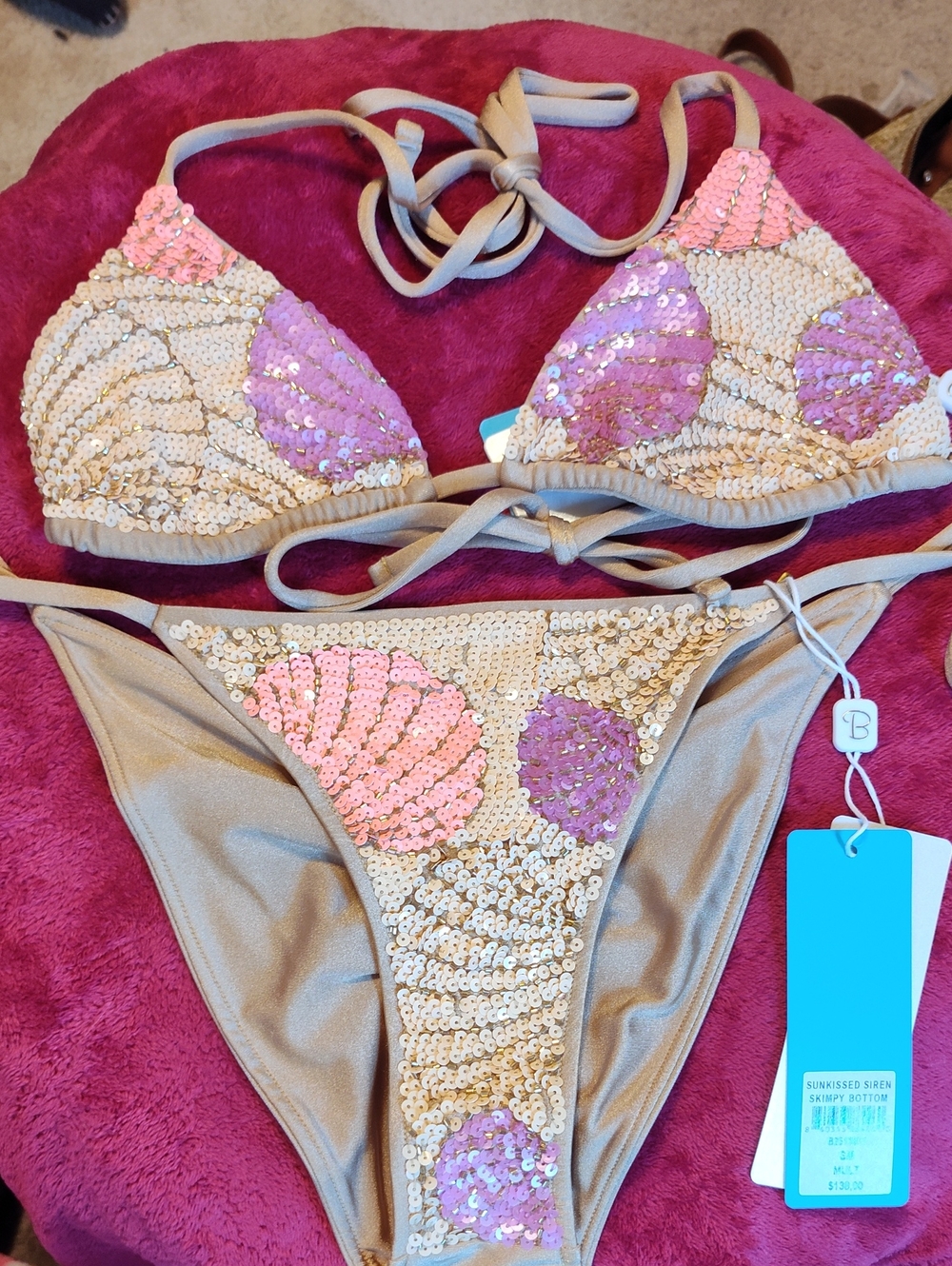 Beach Bunny Gold Sequin Bikini with Pink & Purple Shell Accents